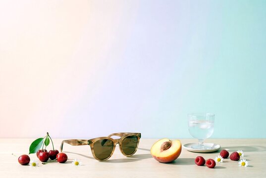 Sunglasses with fresh cherries peach half and water glass arranged on table top illustrating summer lifestyle and vacation concept