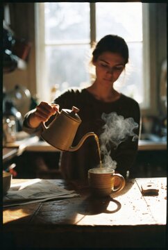 Woman pouring hot water from kettle into ceramic mug close up illustrating cozy morning ritual and mindfulness