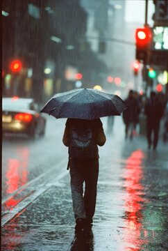 Person walking with umbrella down city street on a rainy day representing urban commuting seasonal weather and moody city life