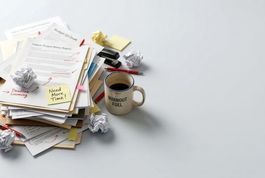 Messy stack of paperwork with sticky notes and coffee mug flat lay on desk representing workplace stress and burnout concept