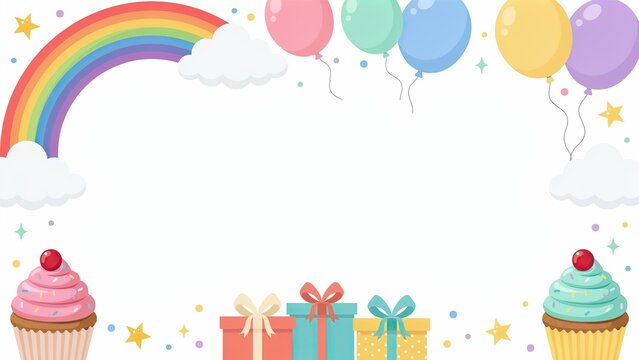 Cupcakes and colorful gift boxes are arranged beneath a bright rainbow and floating balloon arch illustration.