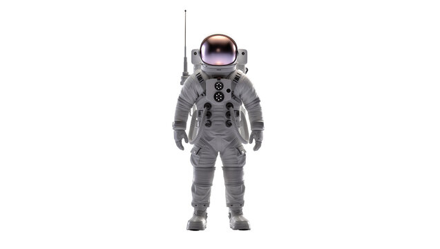 Isolated full body astronaut standing in white space suit with reflective visor and antenna
