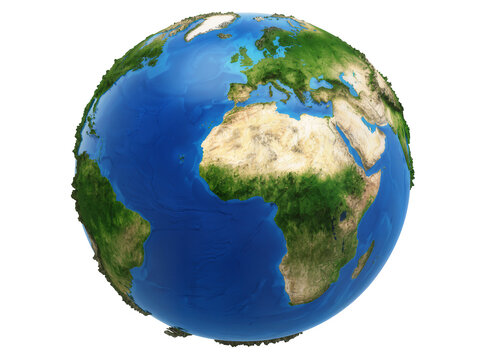 Isolated realistic 3D rendering of Earth with visible Europe, Africa, and Atlantic Ocean