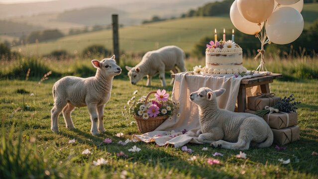 Lambs graze on a lush green pasture near a wooden table displaying a birthday cake and presents during a sunny afternoon.