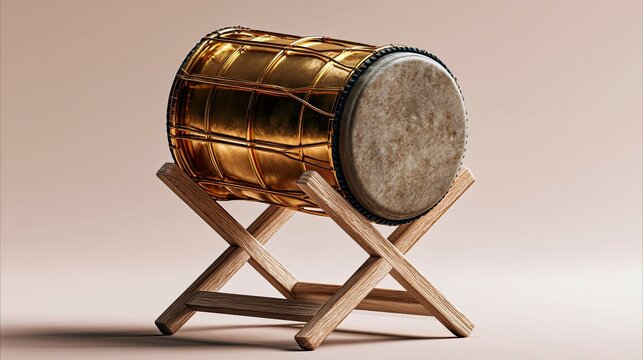 Traditional Drum on Wooden Stand for Musical Performance.