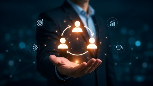 Human resources management and team communication concept with businessman hand holding glowing digital network of user profile icons