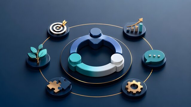 Teamwork and collaborative business strategy concept with 3D interconnected circular puzzle pieces surrounded by corporate management icons