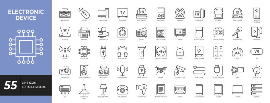 Electronic Device icon set. editable stroke