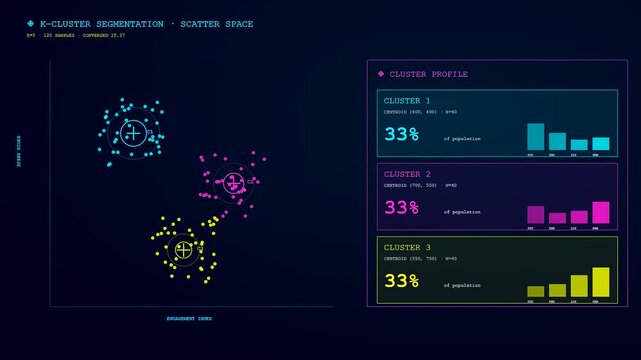 A visual audience segmentation dashboard showing abstract data clusters shifting across three interface frames as metrics update in real time to reveal evolving population group patterns