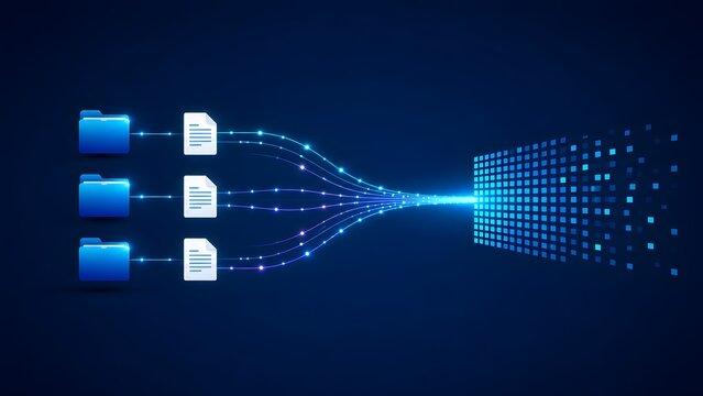 Digital data processing and information management concept with file folders transferring document data through glowing fiber optic cables into digital pixels
