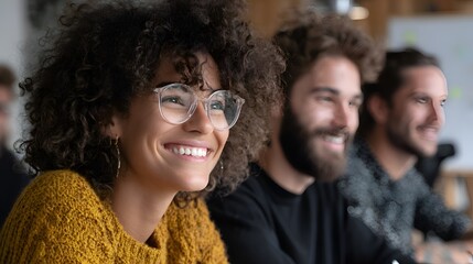 Fototapeta premium Happy young woman with curly hair and glasses smiling during a business meeting
