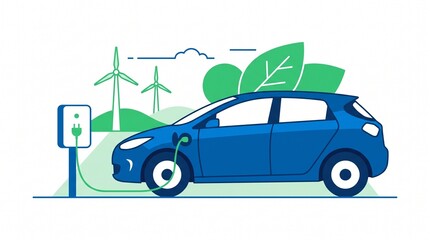 Fototapeta premium Electric Car Charging at Station with Wind Turbines and Green Leaves