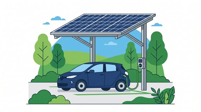 Electric Car Charging at Solar Panel Station in Nature