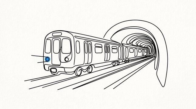 Continuous one line drawing of a subway train emerging from a tunnel