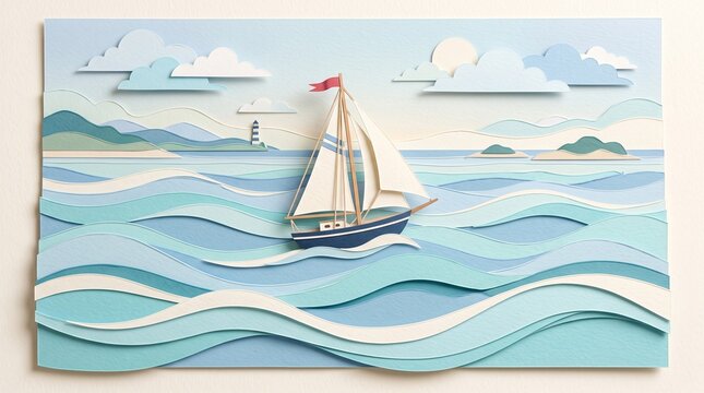 Paper craft sailboat sailing on ocean waves with lighthouse and clouds