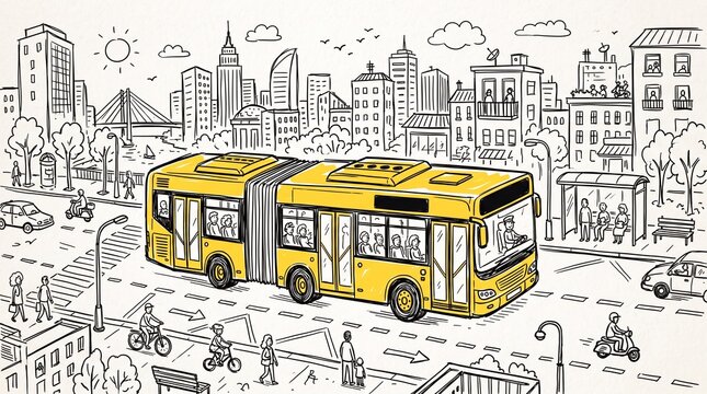 Hand-drawn illustration of a yellow articulated bus in a busy city street