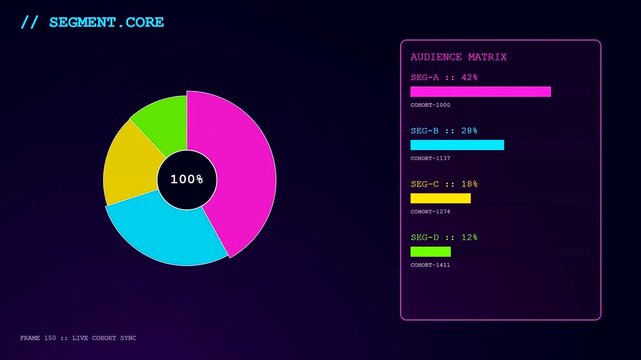 Audience segmentation analytics displays progress on a digital screen featuring circular pie charts and horizontal bar graphs showing various metrics for user cohort groups in motion