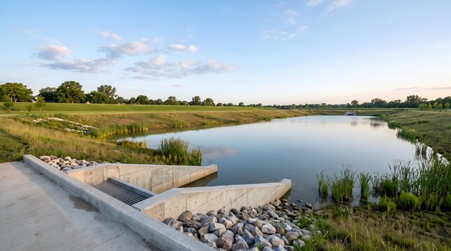 Concrete storm water drain pipe at a retention pond in a green park