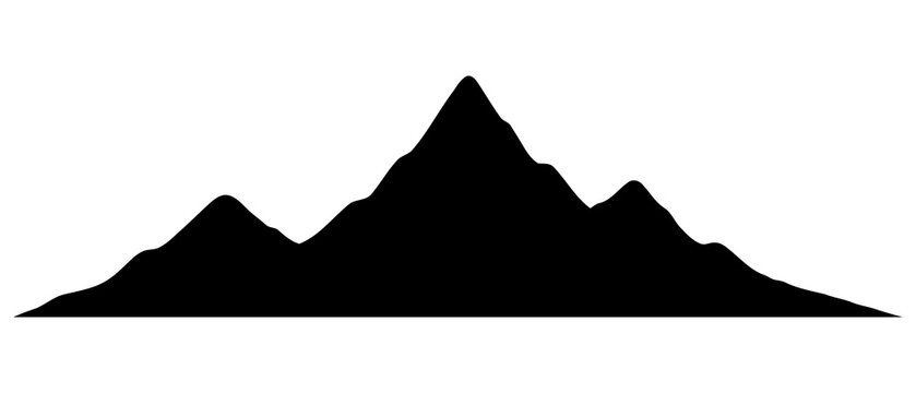 A black silhouette of a sharp mountain peak and rugged ridge line, isolated on a transparent background.