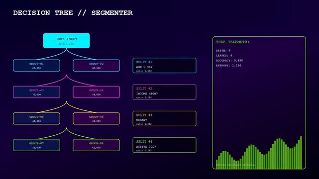 A digital audience segmentation interface features branching flow charts with glowing nodes and bar graphs displayed against a dark environment to visualize complex data structure analytics