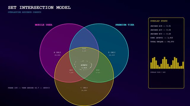 A detailed audience segmentation analysis displays as circular venn diagrams expanding and contracting against a dark purple backdrop to visualize complex user cohort overlap patterns effortlessly