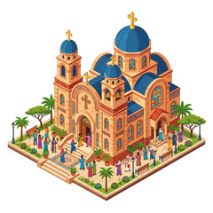 Obraz premium Cathedral with blue domes and sandy stone walls stands in an isometric view for architectural plans.