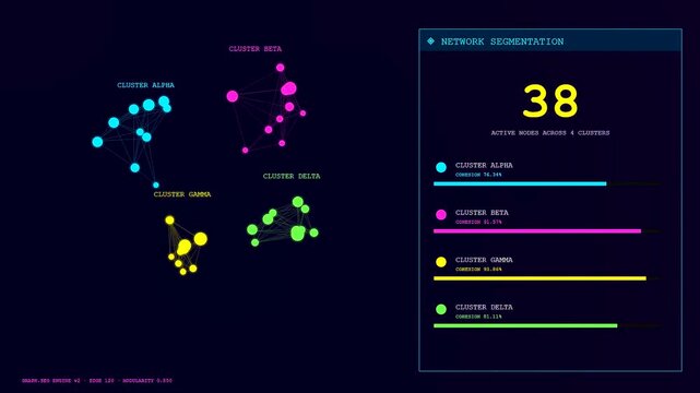 A digital audience segmentation interface displays shifting node clusters in dark blue space with dynamic circular icons showing changing metrics as statistics update in real time