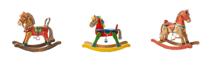 Vintage wooden rocking horses with colorful saddles and painted details isolated on white background classic children toys