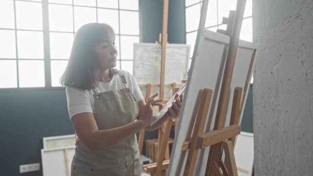 Middle age woman painter holds palette and brushes canvas with hand in studio; serenity creativity focus.