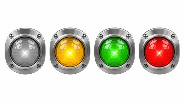 Industrial indicator lights gray yellow green and red, isolated on transparent background