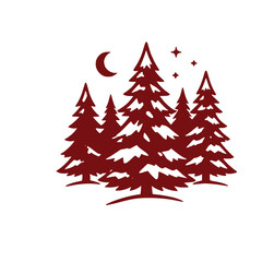 Obraz premium Dark red winter holiday silhouette icon featuring a peaceful mountain pine tree forest under a starry night sky and crescent moon vector graphic design element