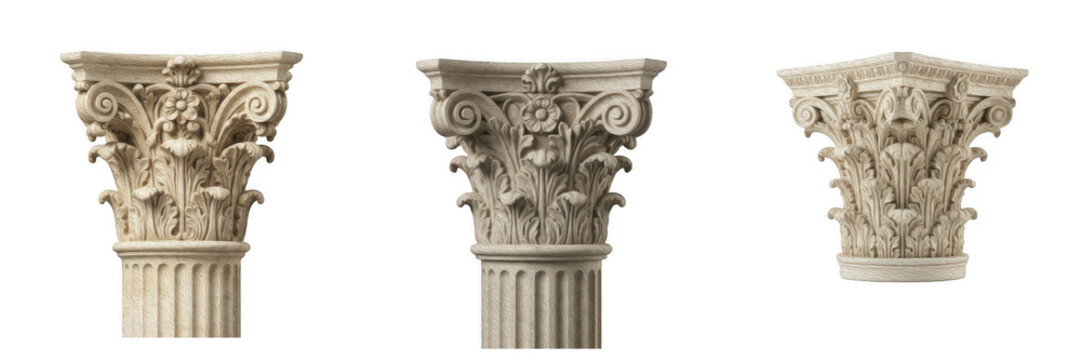Classical Corinthian stone column capitals with ornate acanthus leaf carvings and scrollwork details architectural elements isolated on white background
