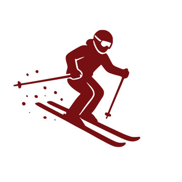 Dark red winter holiday silhouette icon featuring a fast skier going down a snowy mountain slope with ski poles vector graphic design element for seasonal art