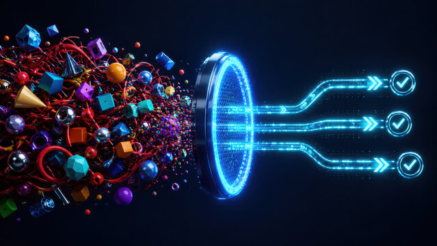 Simplifying complex information systems showing scattered colorful geometric data passing through filter into structured workflow paths