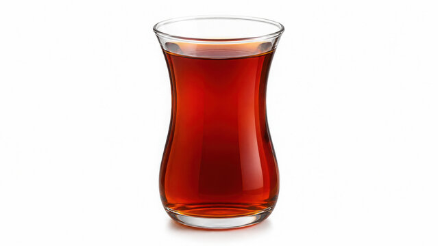Black tea in a transparent glass cup. Amber liquid fills curved vessel on clean white background. Perfect for hot beverages or refreshment ads.
