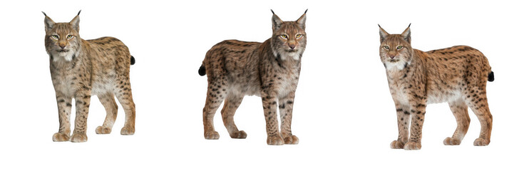 Eurasian lynx wild cats standing in various poses with spotted fur and tufted ears isolated on white background © Soor