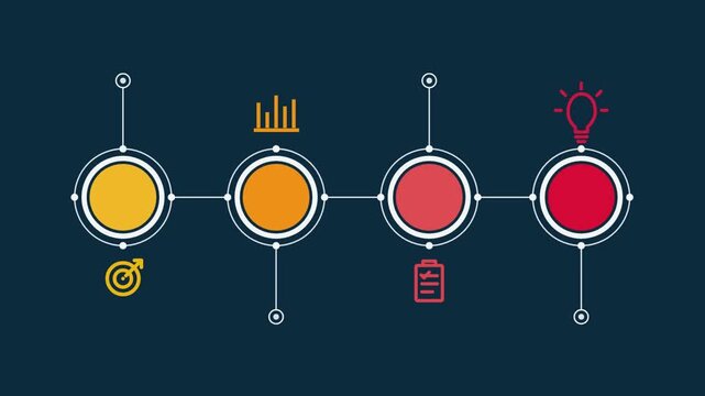 Four step process timeline infographic with colorful circles and icons on dark background