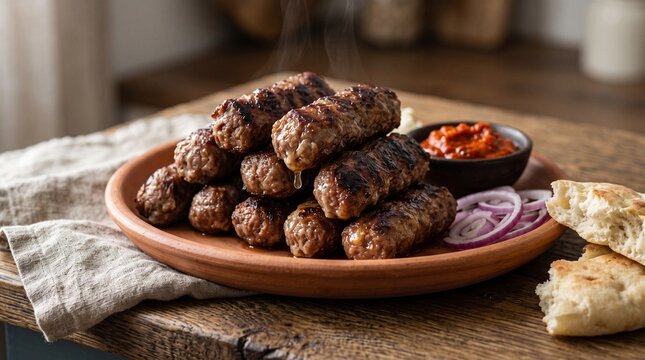 Traditional Macedonian Kebapi Grilled Meat Roll Stack