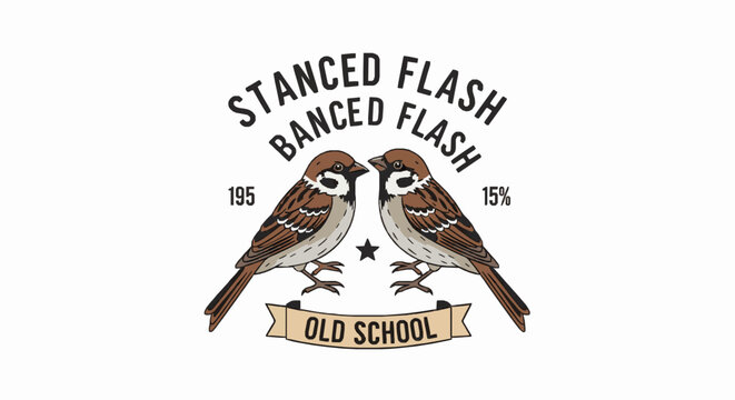 Vintage style emblem featuring two detailed sparrows facing each other with retro typography elements