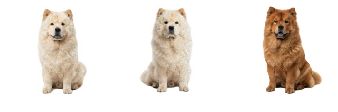 Set of fluffy Chow Chow dogs sitting isolated on white background purebred canine pets guard dogs domestic animals animal photography studio shot