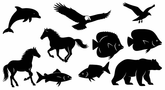 Set of diverse wild animal silhouettes featuring mammals birds and various marine life species with solid silhouettes