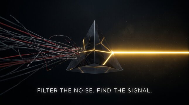Dark obsidian prism refracting chaotic grey lasers into a single golden beam of light, featuring a quote about clarity and data filtering.