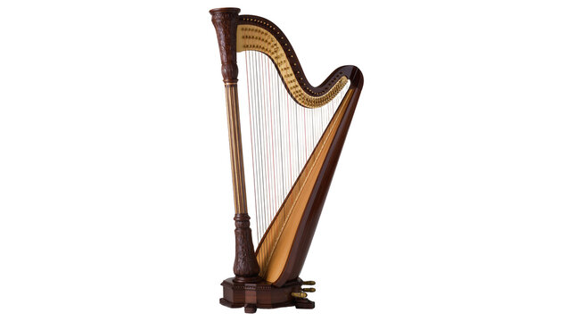 Isolated beautiful elegant ornate classical wooden pedal harp, a majestic musical instrument with golden details.