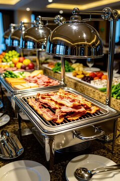 Luxury hotel restaurant breakfast buffet serves crispy fried bacon slices on heated metal tray. Assorted fresh food items include cold cuts cheese slices seasonal fruits vegetables healthy snacks