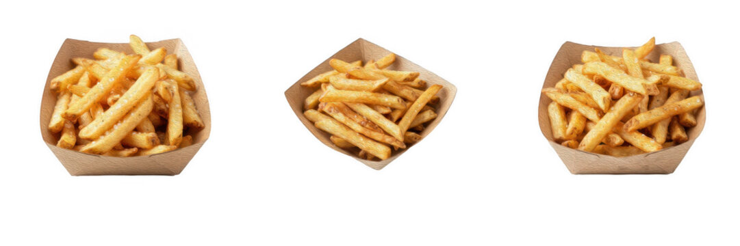 Set of paper trays with crispy French fries isolated on white background fast food golden potato snacks delicious deep fried food photography restaurant menu items
