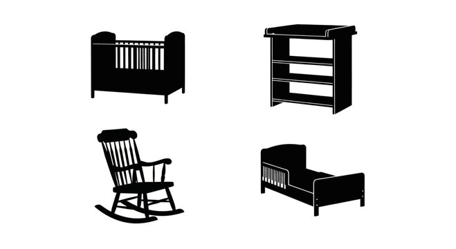 Nursery furniture silhouettes including crib and rocking chair.