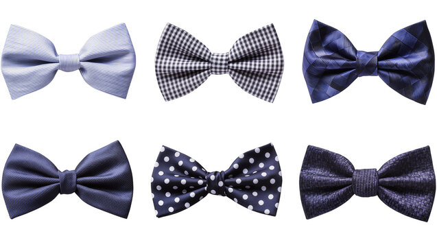 Isolated collection of elegant formal men's bow ties in various colors and patterns.