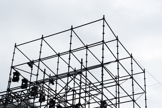 black metal tower structure for outdoor concert or performance 