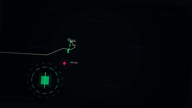3D flythrough of futuristic financial market data with neon green line graphs and cryptocurrency trading pairs on dark background