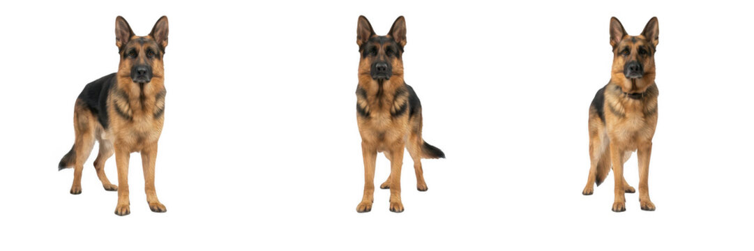 Set of purebred German Shepherd dogs standing isolated on white background loyal guard dogs smart canine pets domestic animals security dogs photography